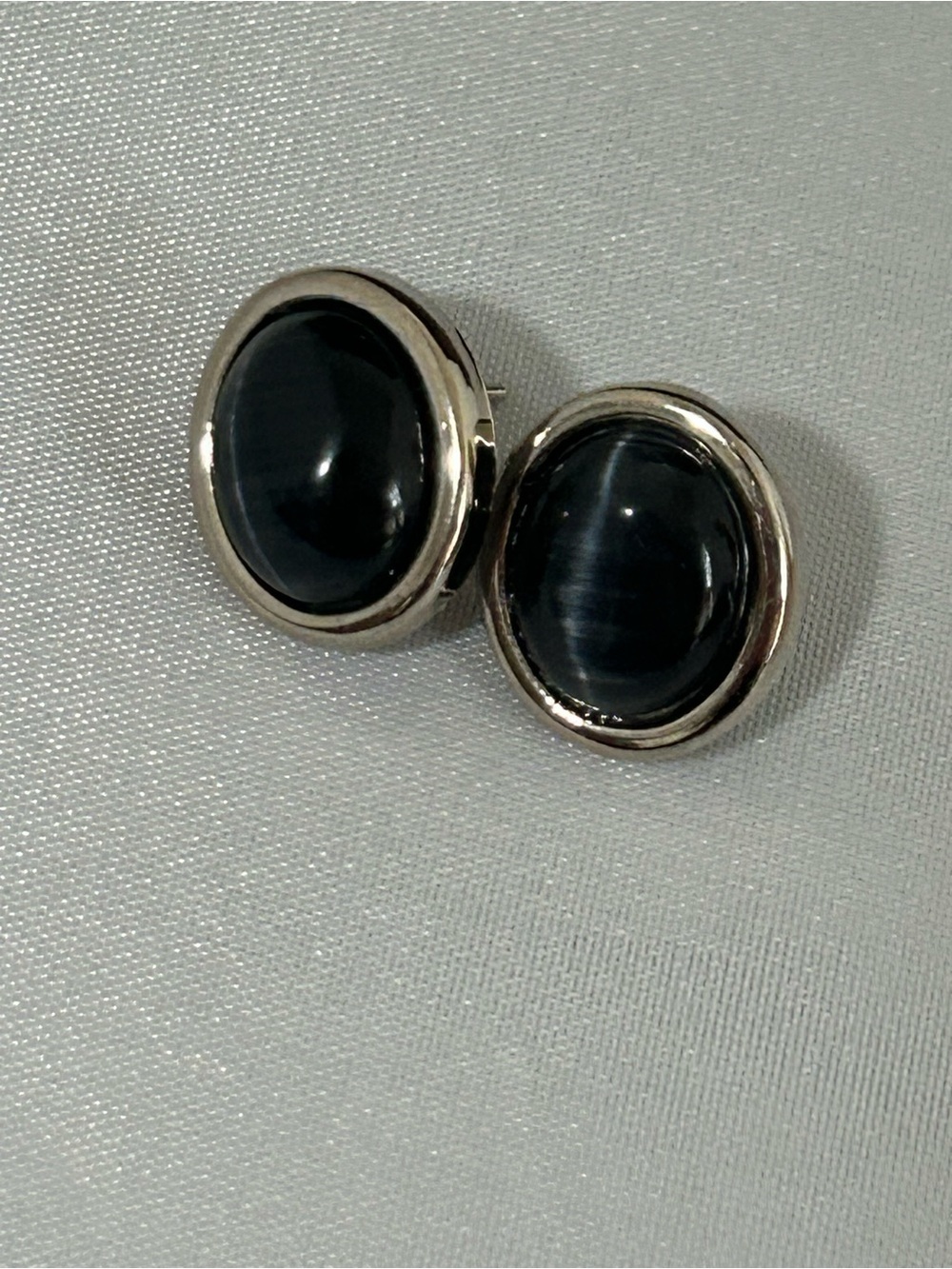 Classic Oval Faux Black Stone Silver-Tone  Earrings
